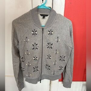 Banana Republic grey zip up, rhinestone jacket.